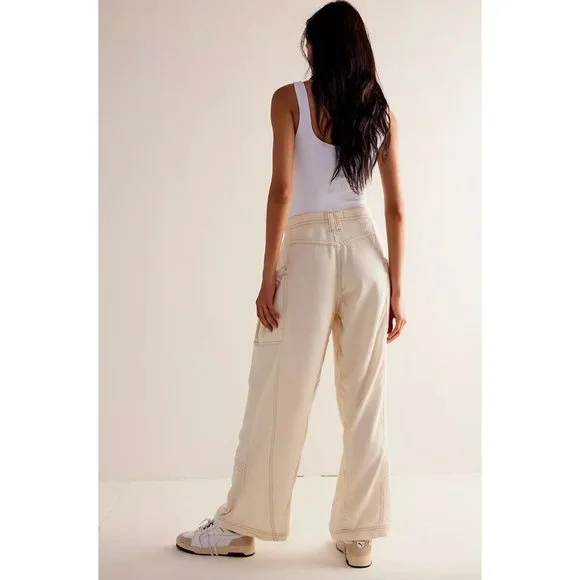 Free People Dunes Wide-Leg Jeans In Ivory Size 27 Retro Y2k Cargo Pants - Picture 2 of 5